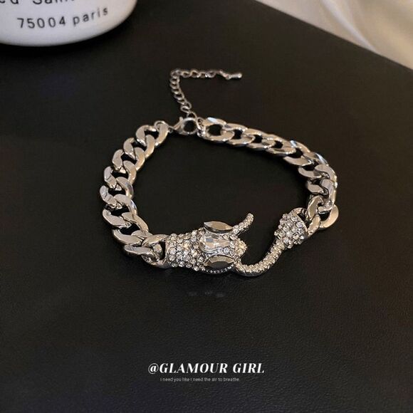 SILVER DIAMOND CUBAN CHAIN SNAKE BRACELET - Picture 1 of 5